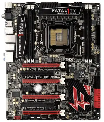 The X79 Fatal1ty Professional sports a striking red and black color scheme that is synonmous with the Fatal1ty series. This board strikes a menacing look with its PCH heatsink emblazoned with an angry thunderbolt - one of the signature features of a Fatal1ty product.