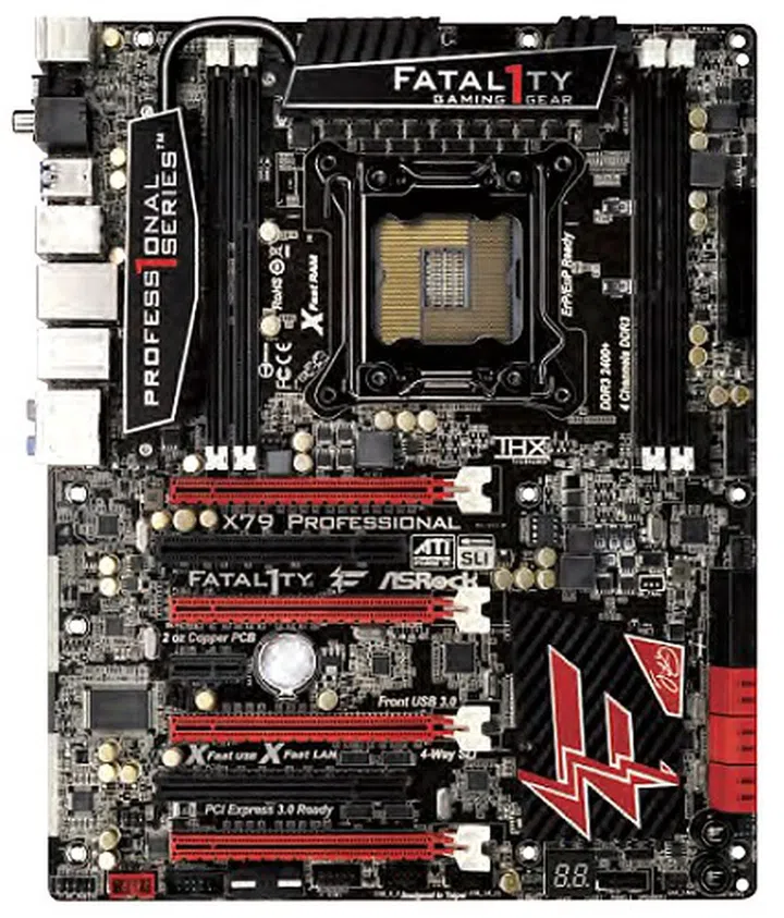 The X79 Fatal1ty Professional sports a striking red and black color scheme that is synonmous with the Fatal1ty series. This board strikes a menacing look with its PCH heatsink emblazoned with an angry thunderbolt - one of the signature features of a Fatal1ty product.