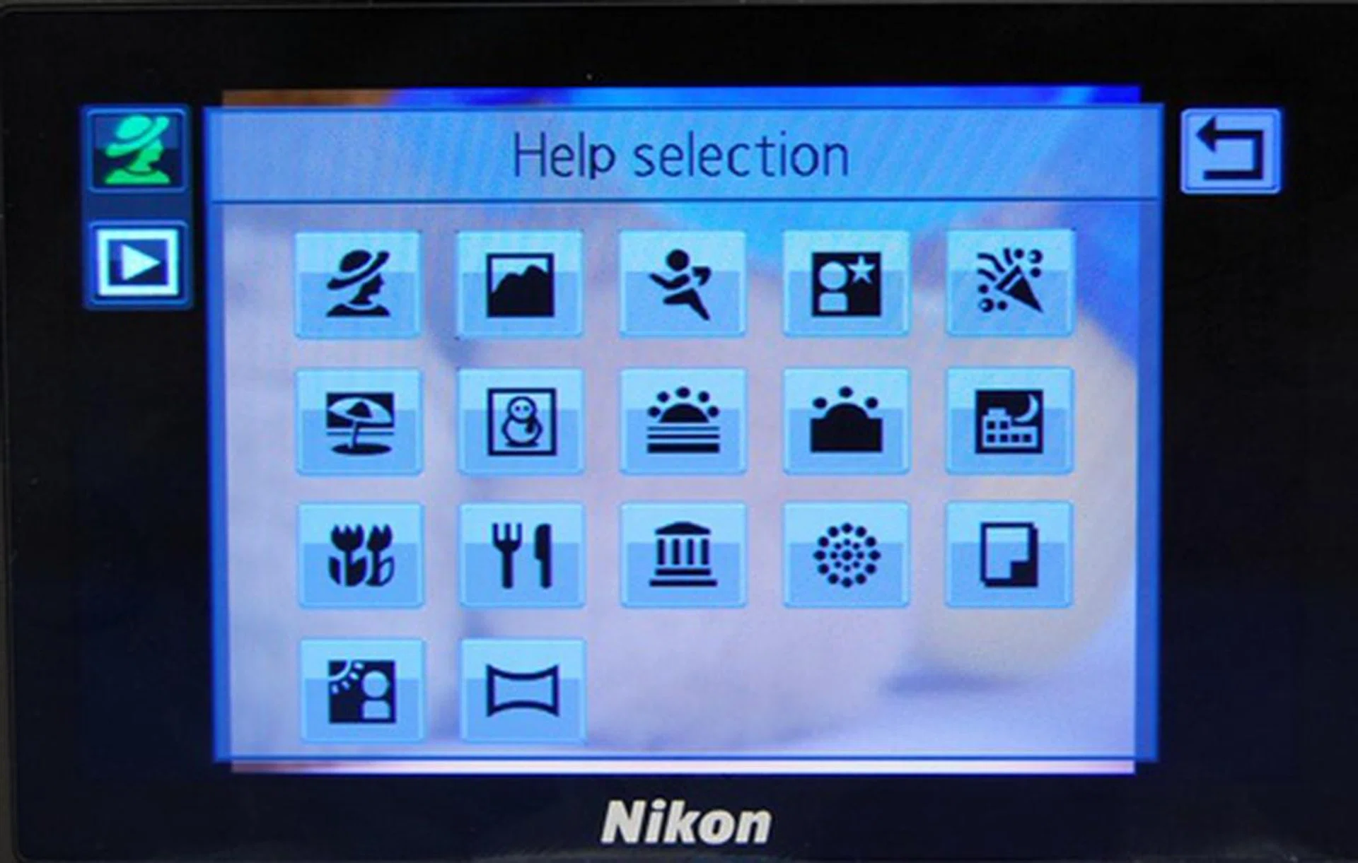 The Help selection gives a concise explanation of each mode. Usual suspects like Food, Fireworks, Sunset and Action make their appearances here.