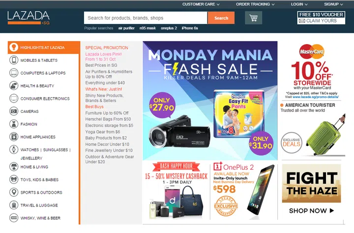 Main page of Lazada Singapore, featuring the Dash tie-up on the left.