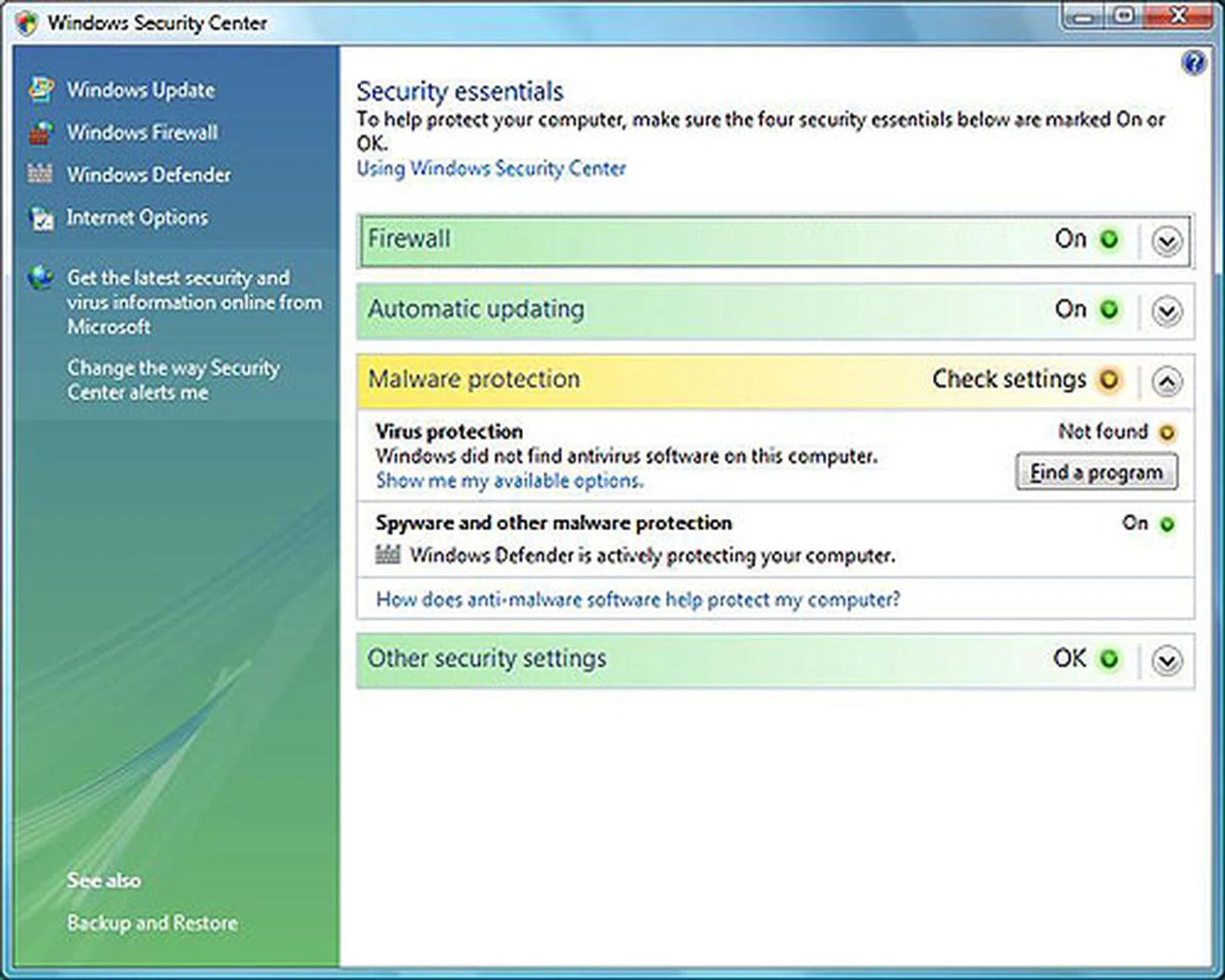 The Malware Protection tab highlighted in yellow means that the Virus/Spyware list is not up-to-date.