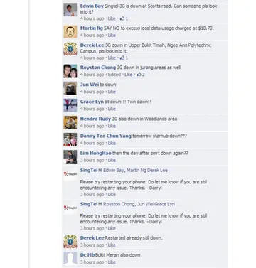 SingTel customers shared on the telco's Facebook Page that they were unable to access mobile data services earlier this morning. <br>Image source: SingTel Facebook Page