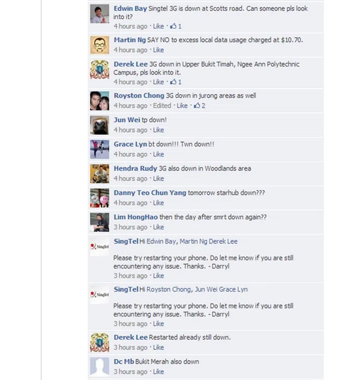 SingTel customers shared on the telco's Facebook Page that they were unable to access mobile data services earlier this morning. <br>Image source: SingTel Facebook Page