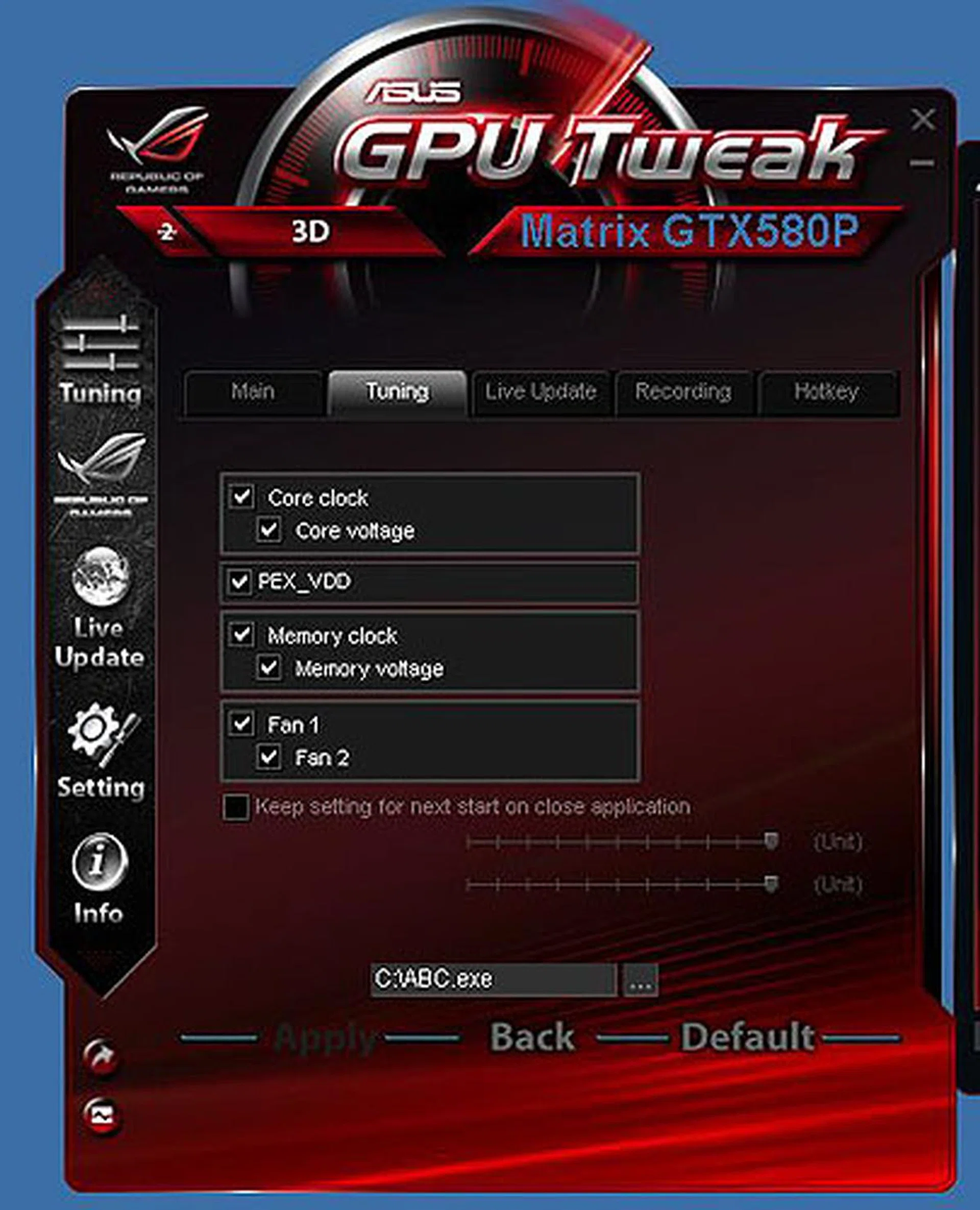 The settings for the Tuning page where users can customize what they see on the control panel. As you may tell from the other tabs here, other features include a realtime Recording utility for games and screenshots, Live Update to keep your driver and BIOS updated and of course hotkeys to trigger the recording.