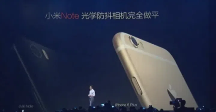 The Mi Note has a similar 13MP rear camera with OIS, but lacks the iPhone 6 Plus's protruding camera bump.