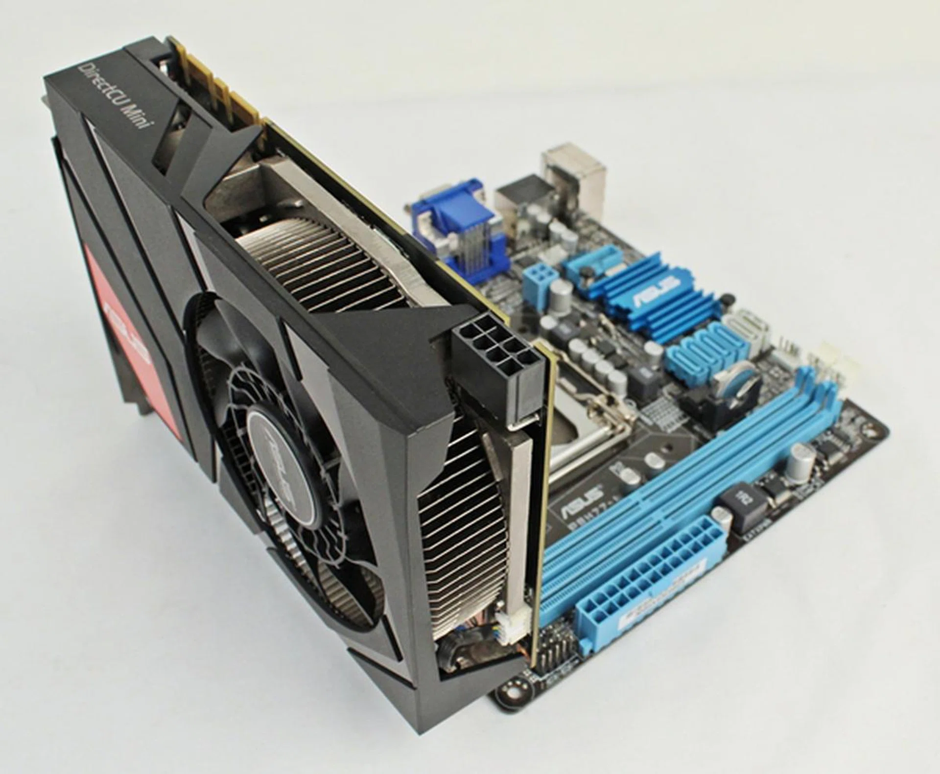 To illustrate, we installed the card onto an ASUS P8H77-I H77 mini-ITX motherboard to showcase its compact form factor. It's hardly any longer than the board itself and you get pretty powerful single GPU performance.