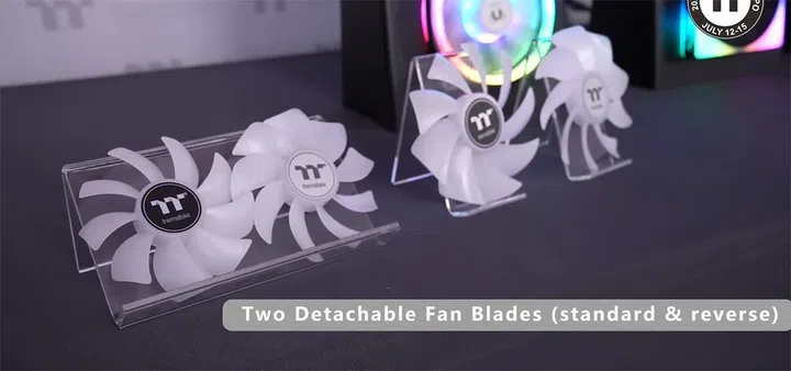 A closer look at the two fan blade designs, which come in either a standard (air exhaust) or reverse (air intake) design. (Screenshot: Thermaltak Global YouTube channel)