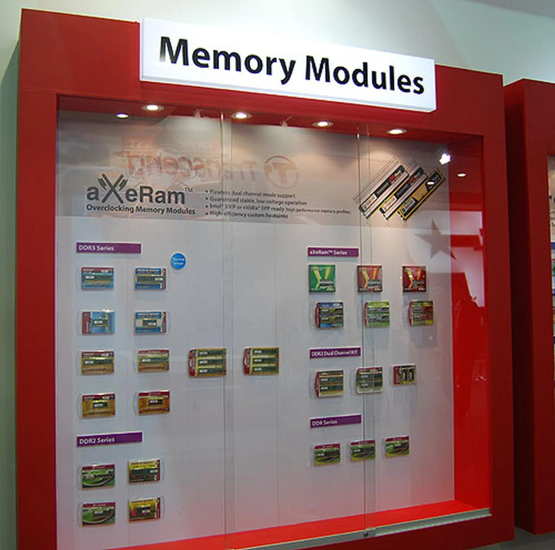  A display cabinet of the different memory module series offered by Transcend.  