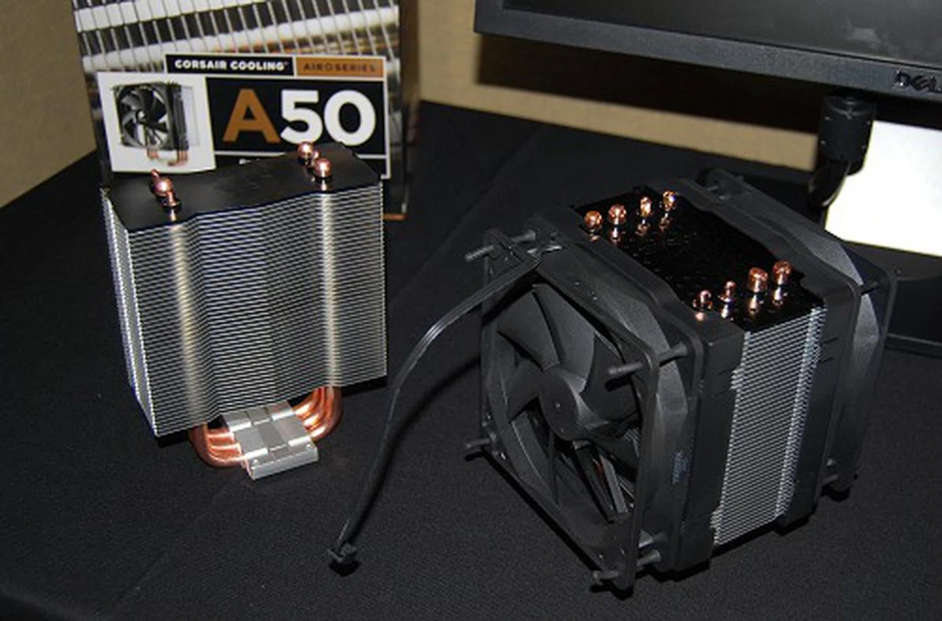 After Corsair embarked on offering a pretty easy to use water cooling kit, they went a step ahead to a more mainstream option - air cooling. Here are the A50 and A70 coolers respectively. Overall size looks similar, but the A70 is deeper and houses four 80mm copper direct-contact heatpipes with dual fans 120mm fans versus the A50 which has three of those heatpipes and a single 120mm fan. Both are compatible with a wide variety of current AMD and Intel processors.