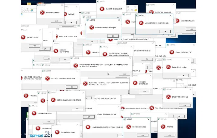 A crack tool for the game Counter-Strike: Global Offensive, fills the screen with messages taunting the user who downloaded and ran it. Image courtesy of Sophos.