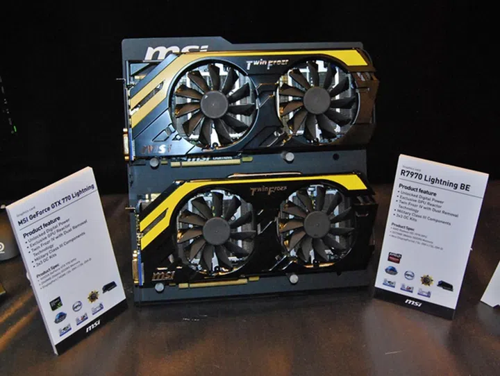 The MSI GeForce GTX 770 Lightning card is the one below the AMD Radeon 7970 card . Both cards feature Military Class III components.