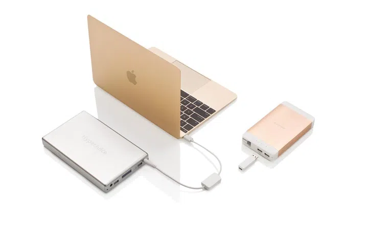 Magic Box, HyperJuice, and USB-C compatible MacBook in its portable charging setup.