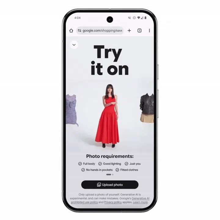 The virtual try-on feature takes some of the guesswork of style shopping out. Image: Google.