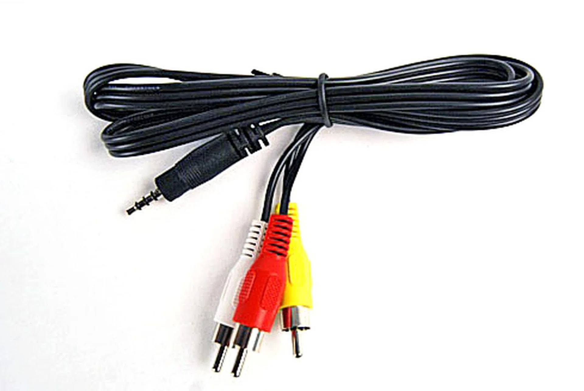 The composite cable has one end with the separate RCA jacks, and the other end with a 3.5mm jack. 