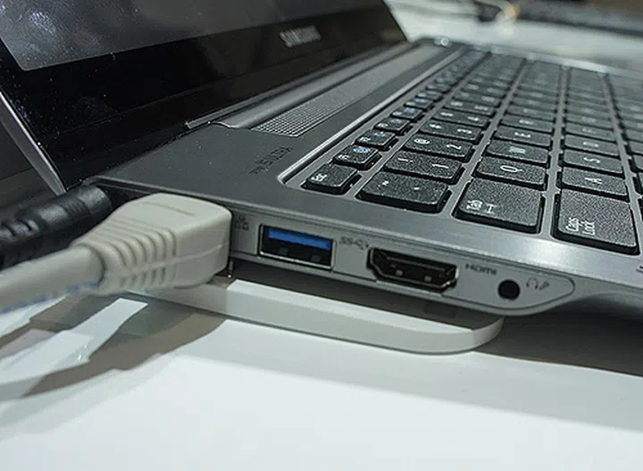 On the left side are your DC-in, Ethernet port, USB 3.0, HDMI and headphone/microphone jack.