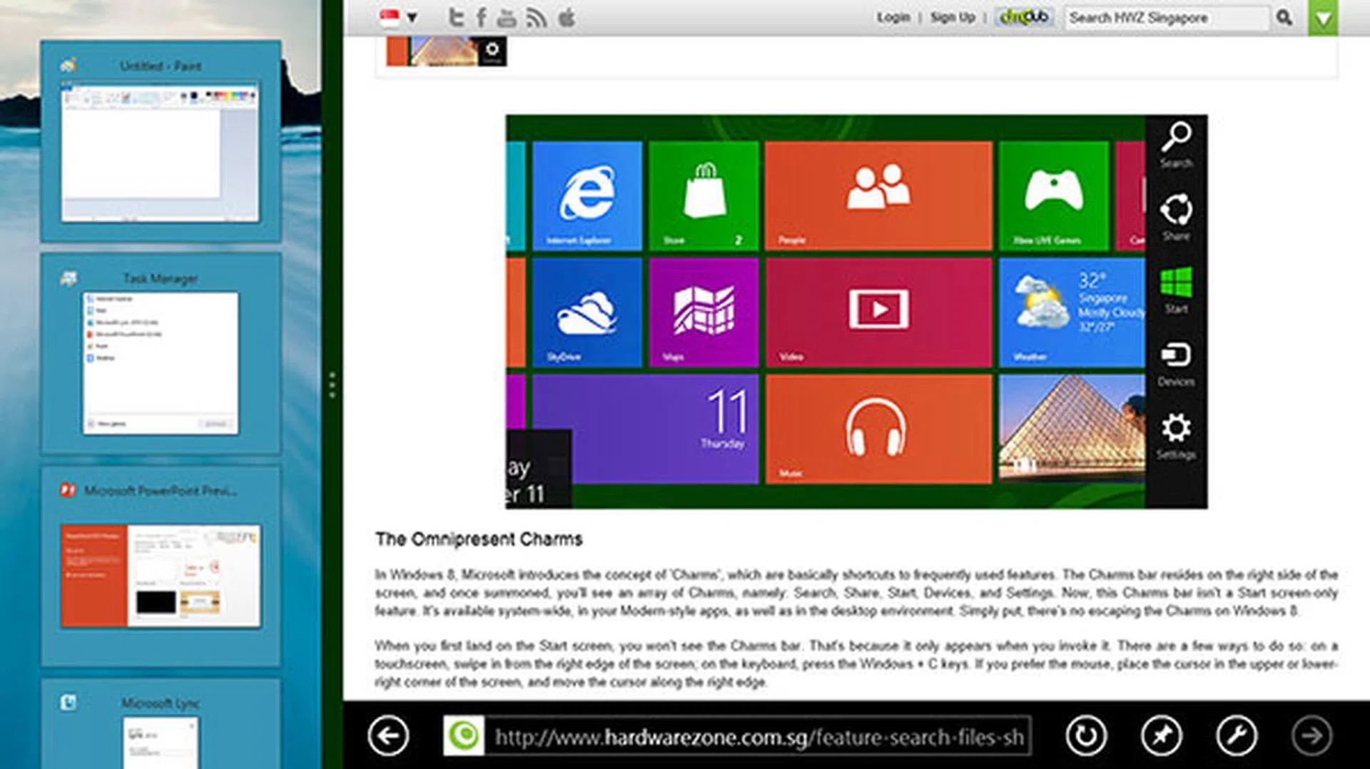 Snap multi-tasking works for the desktop 'app' too. When the desktop is in the smaller stripe, it will show thumbnails of the desktop apps that you've opened. That's because Windows 8 doesn't reflow the content of a desktop app like how it does for a Modern-style app. To switch to a desktop app, just tap or click on a thumbnail.