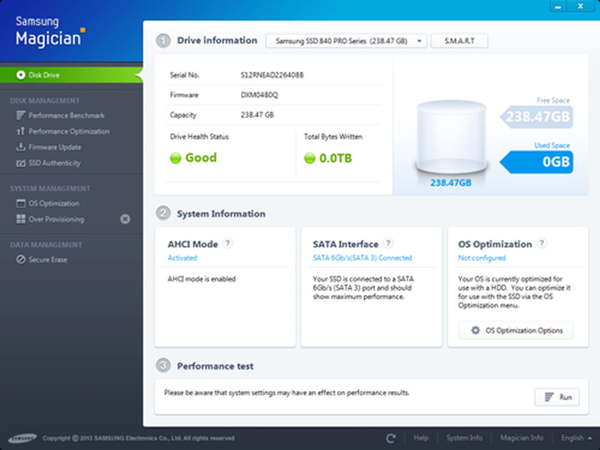 The Samsung Magician software lets you optimize your drive, check its status and update its firmware. 
