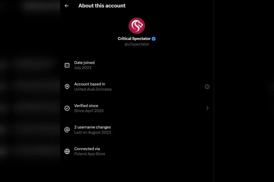A screenshot from the X account of the Critical Spectator showed that it was based in the United Arab Emirates.