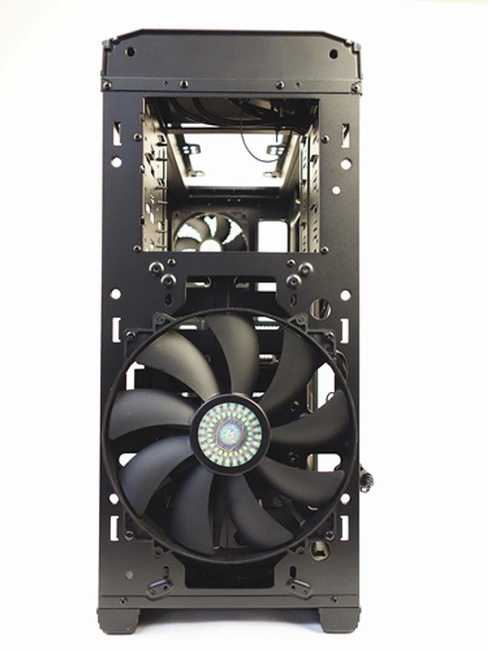 With the covers removed, the 200mm front intake fan dominates the front face of the case.