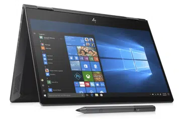 The Envy x360 13 is a convertible notebook that can be used as a tablet, or, as seen here, in tent mode. (Image source: HP)