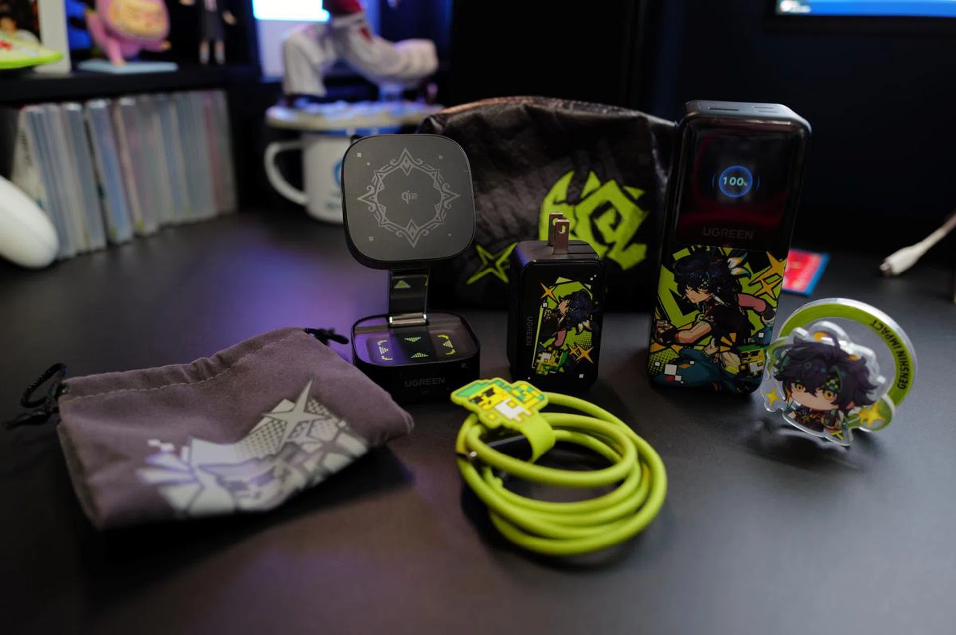 From left to right: Ugreen MagFlow Wireless Charger Genshin Impact Edition, USB-C to USB-C Cable Genshin Impact Edition, Nexode Charger Genshin Impact Edition, Nexode Power Bank Genshin Impact Edition. Photo: HWZ