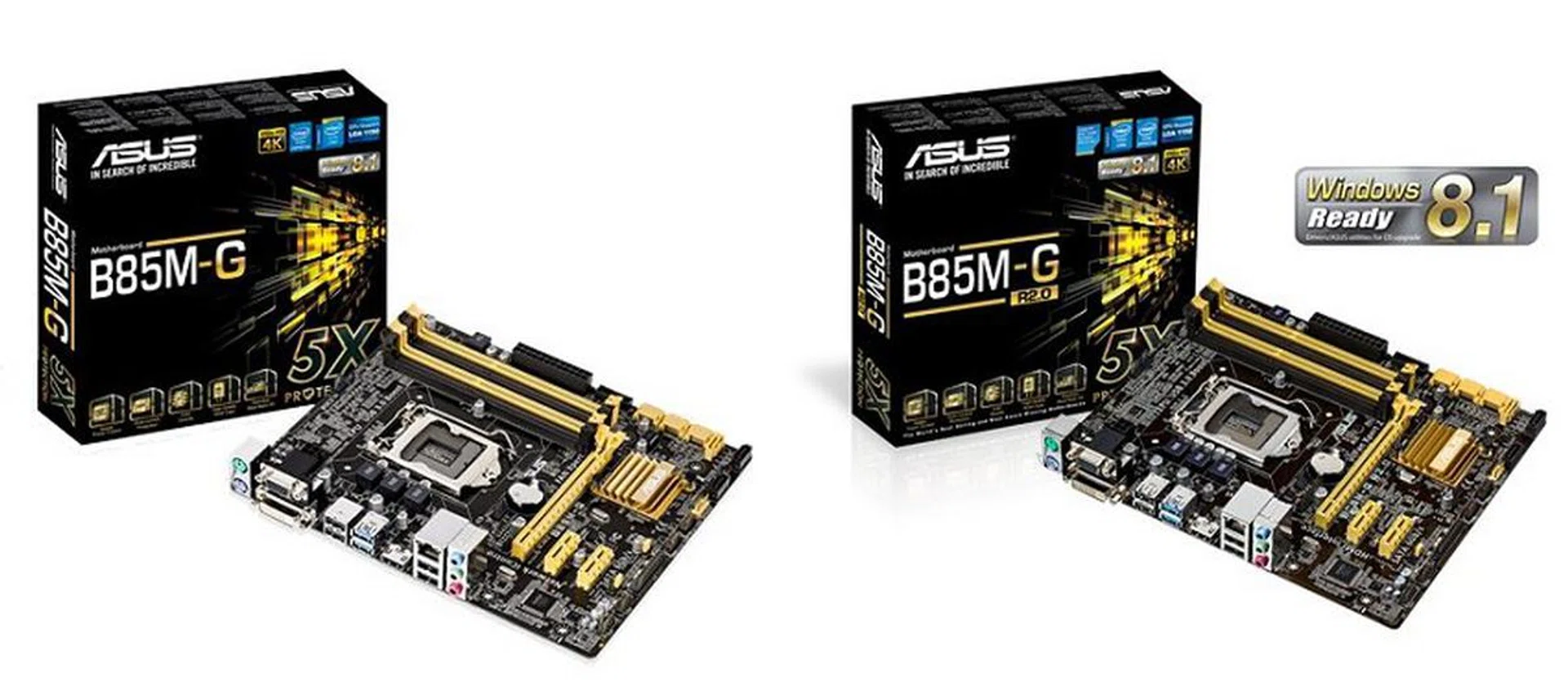 Here you have the ASUS B85M-G on the left and the ASUS B85M-G R2.0 on the right.