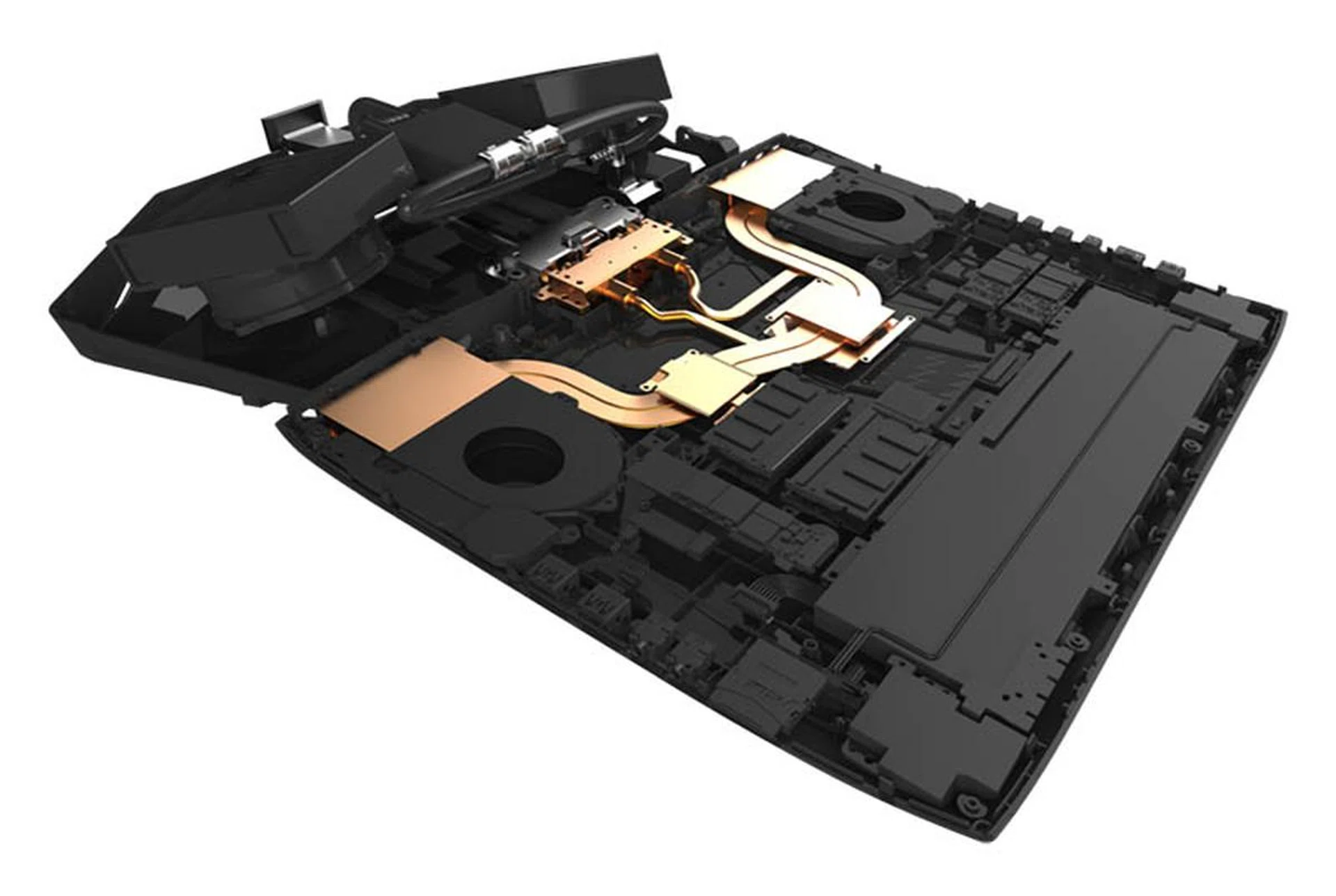 A peek at the cooling system of the ROG GX700. When docked, the CPU and GPU are both liquid-cooled. Otherwise, they are cooled by the massive heatsink and two internal fans.