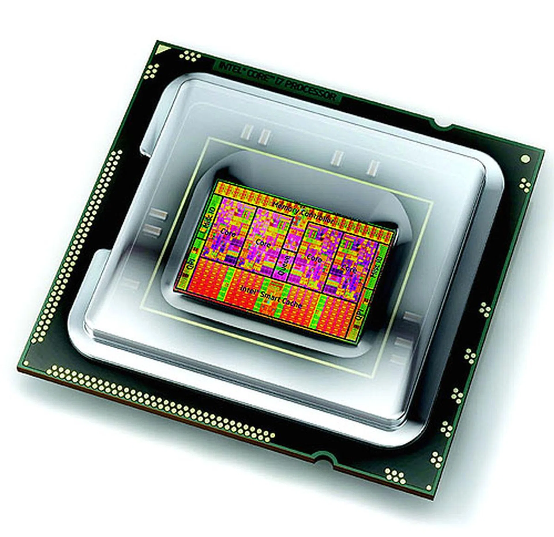 An artistic representation of the internal arrangement of the functional units on the Core i7.