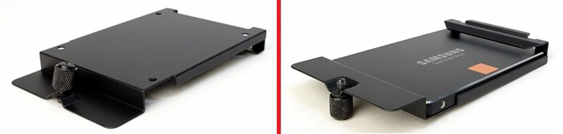 On the left, we have the 2.5-inch drive bracket. After turning it around, we slide in our 2.5-inch SSD and secure the drive with four mounting screws.  On the right is our finished product.