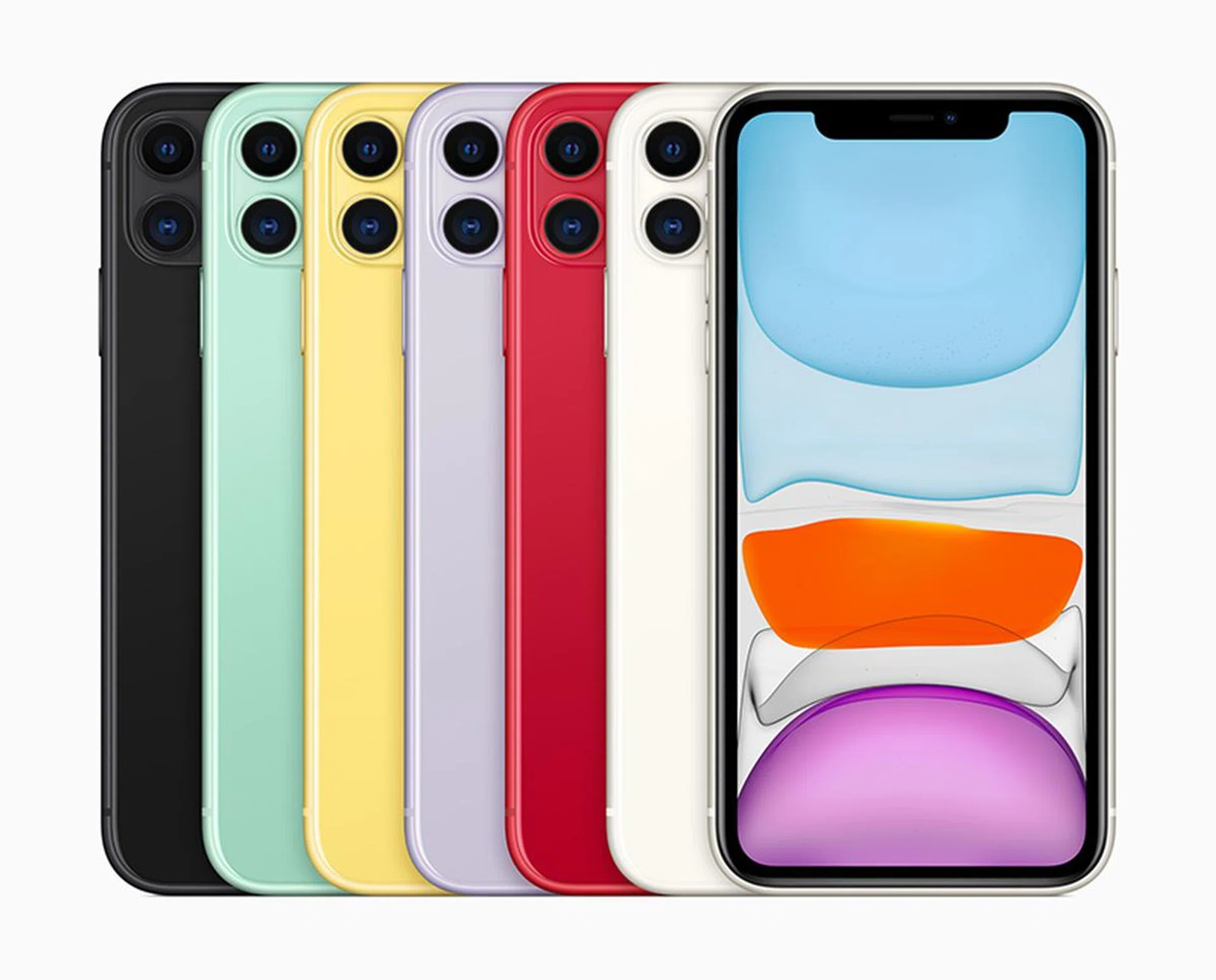 The iPhone 11 comes in six colours. From left to right: black, green, yellow, purple, PRODUCT(RED), and white.