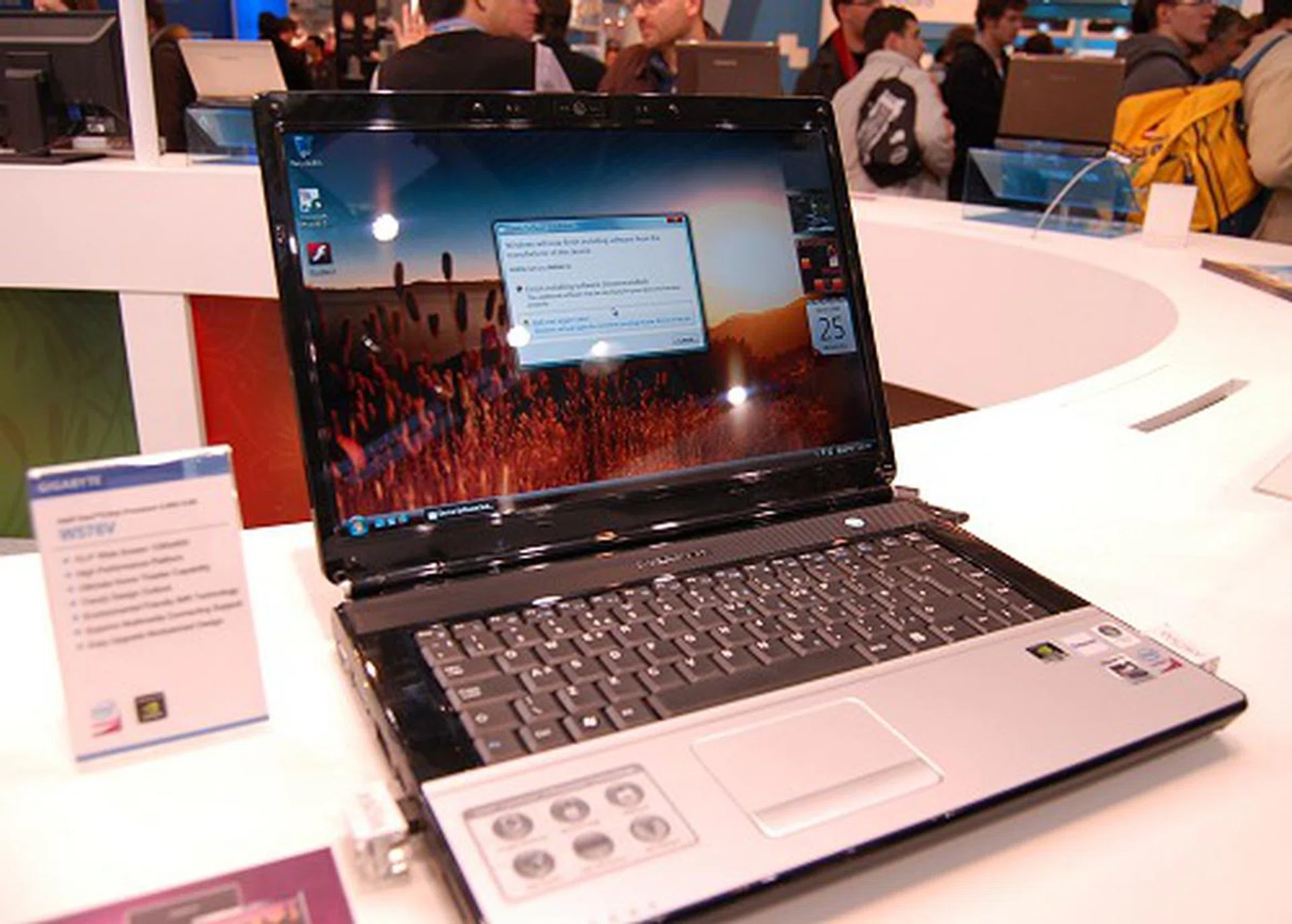  This is Gigabyte's main notebook model, the new W-series. Available in 13.3, 14.1 and 15.4-inch sizes. All are based on the Centrino 2 platform. The larger two models have an updated design with a more streamline silhouette, HDMI, eSATA and a 2MP webcam. Shown here is the W576V, which is a 15.4-inch screen and it even comes with NVIDIA's GeForce 9600M graphics. The 14.1-incg W476V has a GeForce 9300M GS graphics module.  