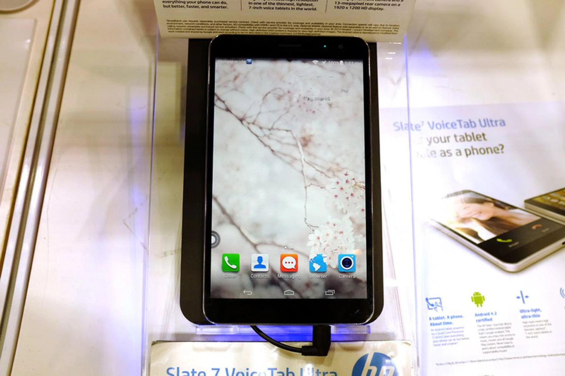 The HP Slate7 VoiceTab Ultra is a tablet with full telephony capabilities. It boasts a 7-inch Full HD display, and is powered by a Cortex A9 quad-core 1.6GHz processor running on Android 4.2 Jelly Bean upgradeable to 4.4 KitKat. It is available at HP's booth for $499.