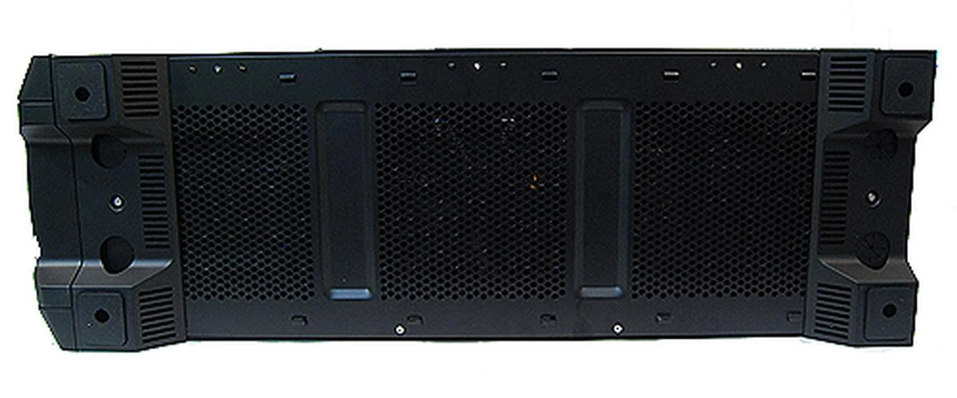 Resting the Raven RV02 on its side, this is its bottom. We can clearly see the vents for the three intake fans. To help facilitate the fans, the Raven RV02 is propped up by four stands with rubber feet.