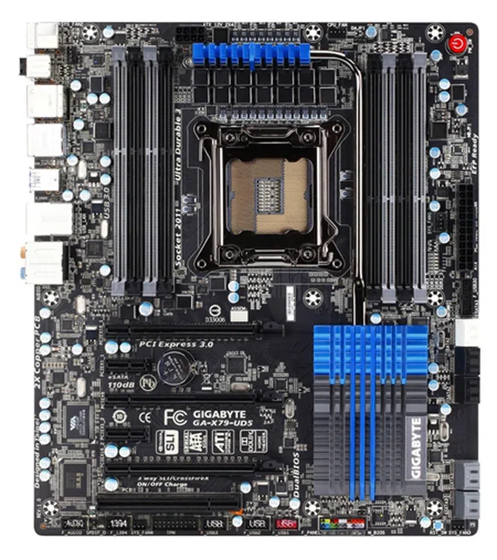 The X79-UD5 is like the Galactic Empire counterpart to the X79-UD7, with the exception that the former sports more DIMM slots and support 3 way SLI/CrossFireX instead of X79-UD3's four way support.