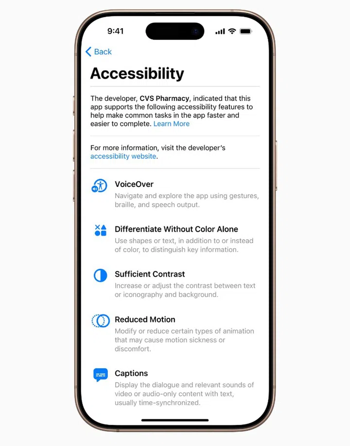 Accessibility Nutrition Labels will help users with disabilities determine if an app has the accessibility features they need. Photo: Apple