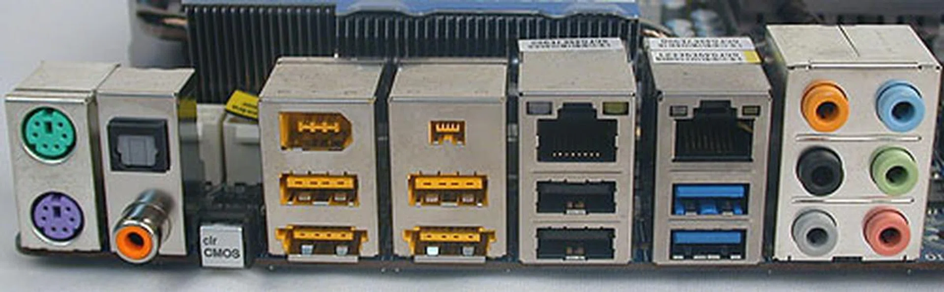 The rear ports include PS/2 ports, optical and coaxial S/PDIF, a Clear CMOS button, two FireWire ports, two eSATA/USB combo ports, two Gigabit LAN ports, two USB 3.0 ports (blue) and four USB 2.0 ports. We're sure that's enough for everyone.