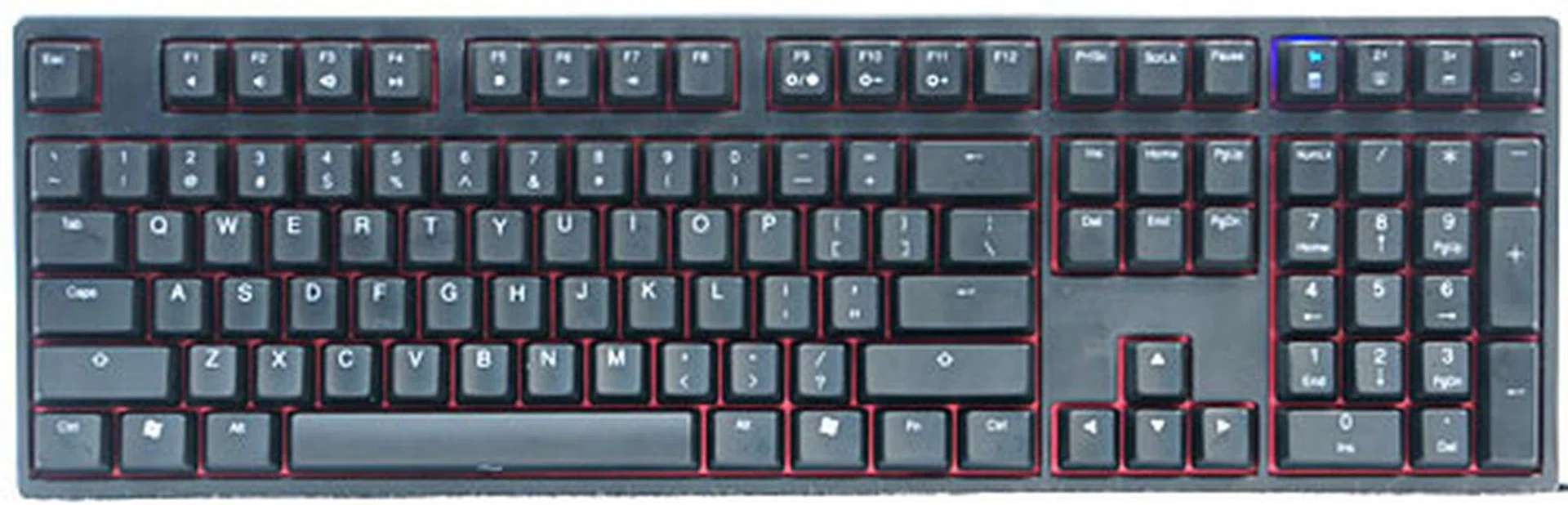 Here's how the keyboard looks like with the backlights off. Notice there are four additional keys on this keyboard (above the numeric keypad) and one of them is now lit. We'll explain more on these keys later.