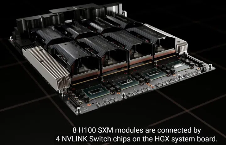 The HGX 100 will be the backbone of a server unit, housing up to eight H100 SXM modules and four NVLink Switch chips on the HGX system baseboard.