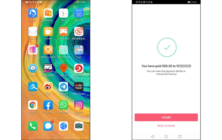 You'll notice we've successfully added several apps that aren't yet on Huawei's AppGallery, but they've cloned over and work perfectly fine on the Mate 30 Pro. Here is us testing our local DBS PayLah.