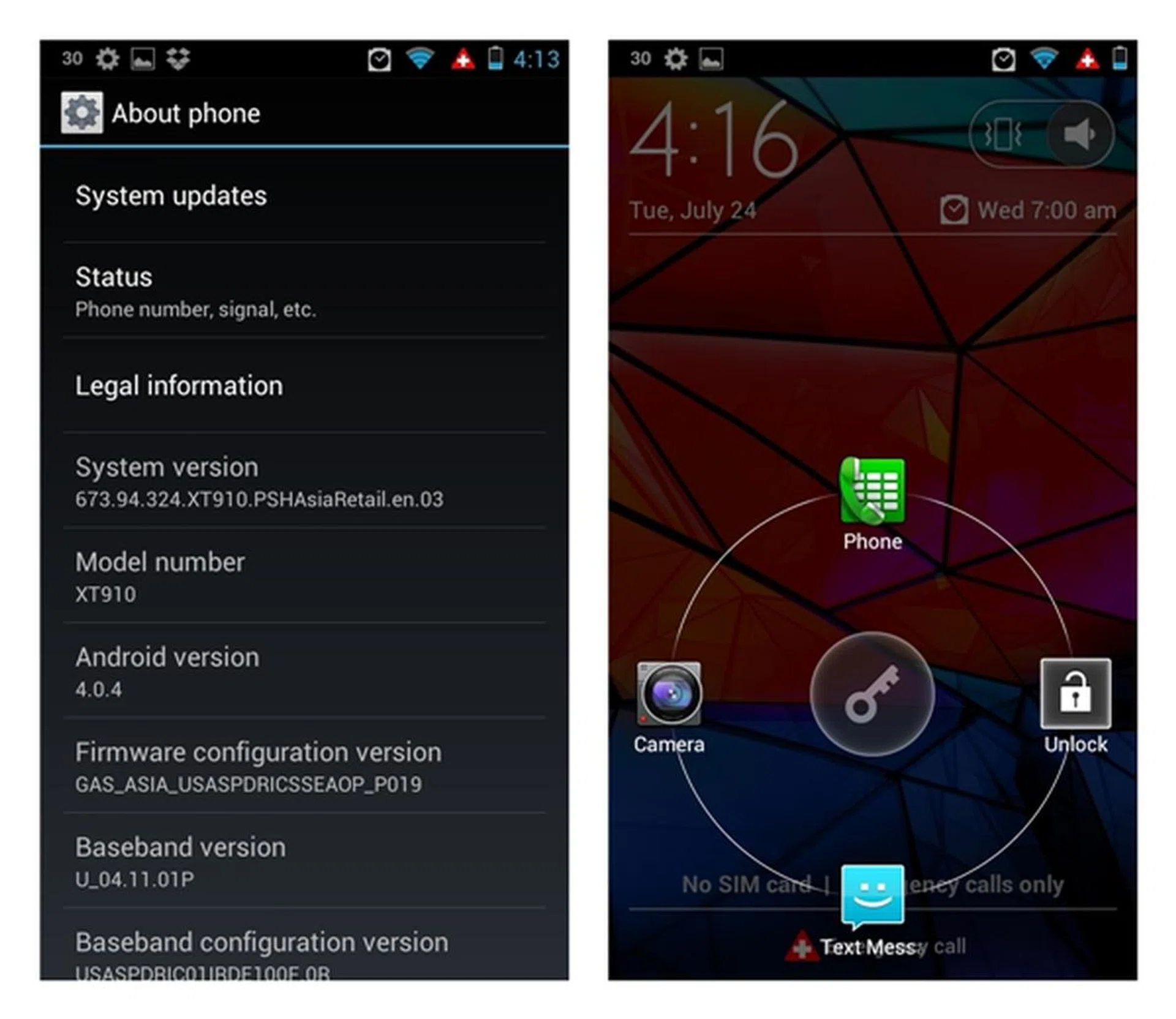 The Motorola Razr Maxx runs on the latest version of Ice Cream Sandwich (Android 4.0.4). Similar to the Samsung Galaxy S III and HTC One X, you can access four shortcuts from the lock screen. 
