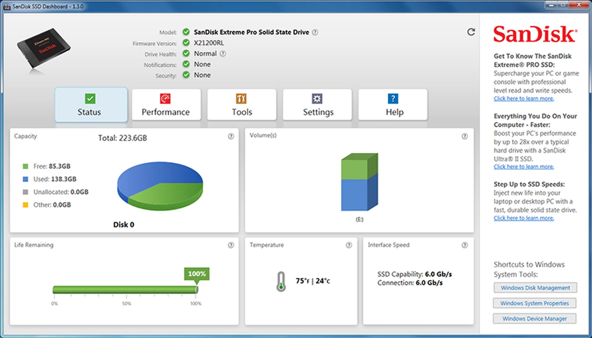 The SanDisk SSD Dashboard lets users monitor the health of their drives and also update its firmware.