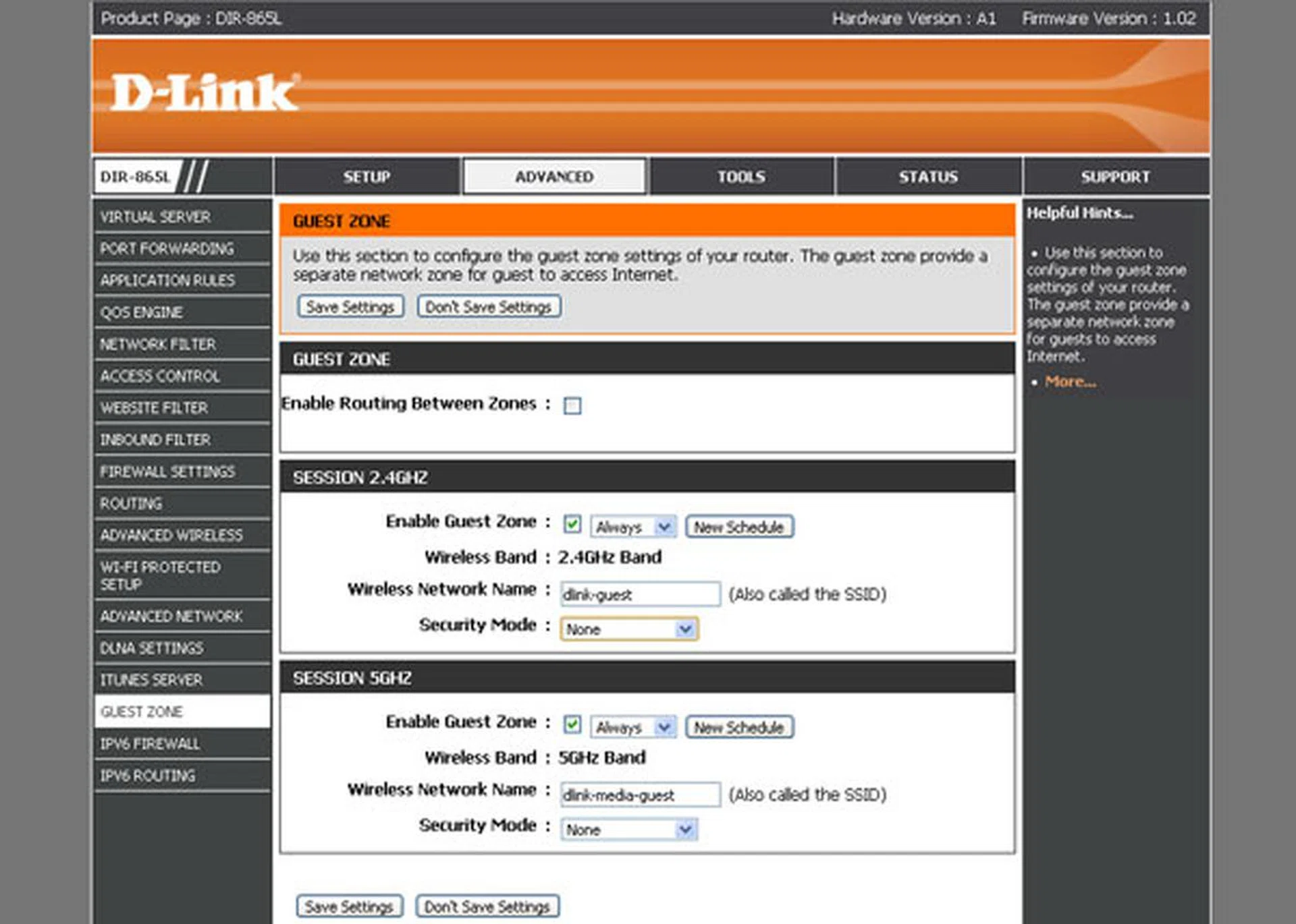 The DIR-865L has two guest SSIDs; one for each band. However, ASUS is still the king of the crop in this aspect with six guest SSIDs on the RT-AC66U. 
