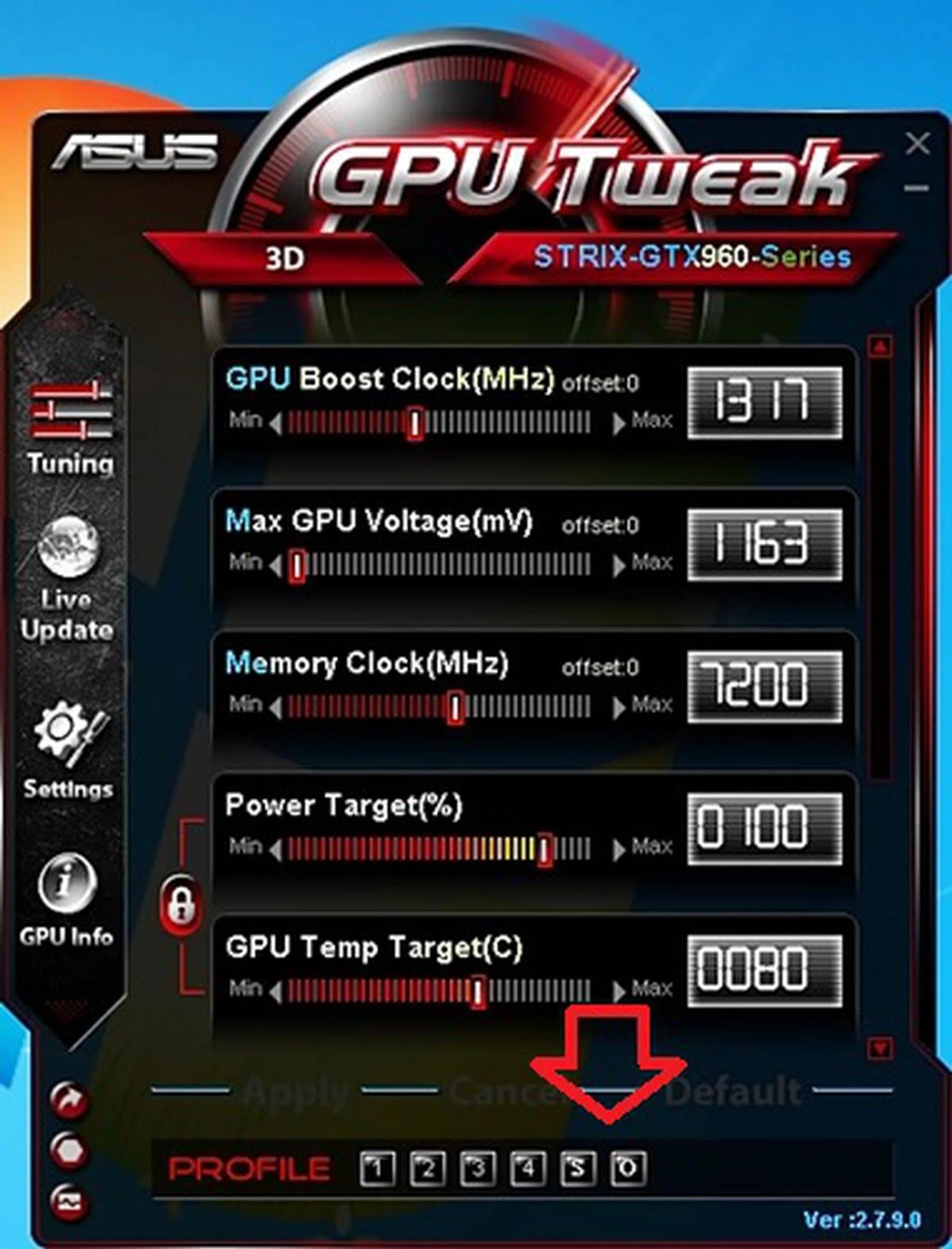 The 'S' button is labeled as "Power Saving" in the tooltip balloon. The 'O' button is the "Overclocking" button. Activating the "Default" button will set the card at its OC mode. 