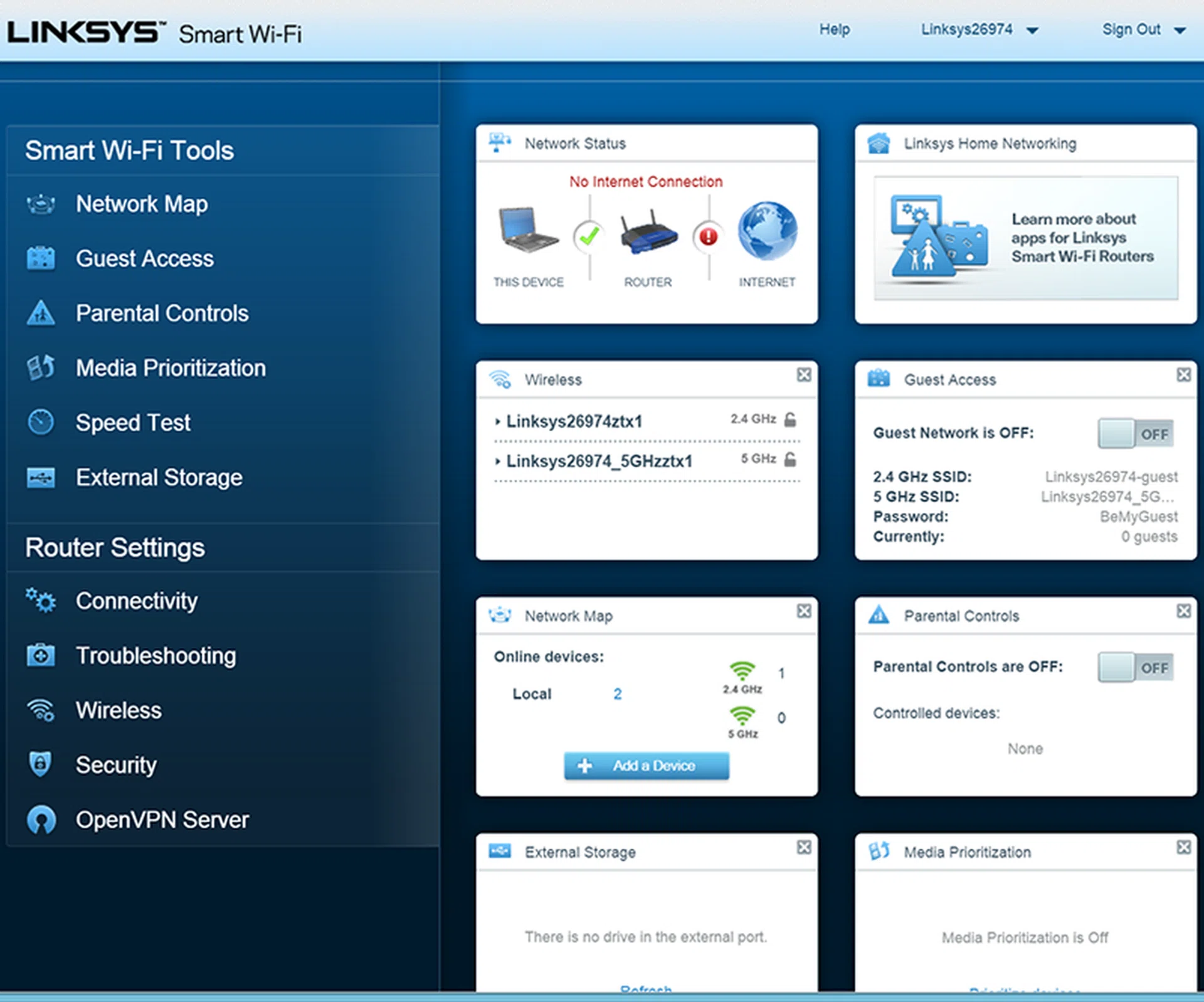 The Smart Wi-Fi user interface is easy to use and navigate. Note the new OpenVPN option at the bottom left.