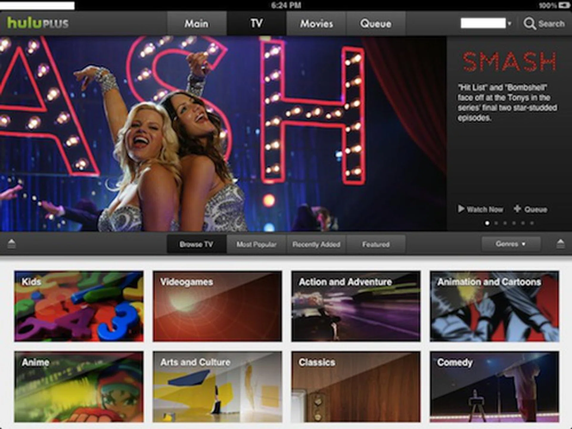 Under the TV category of the main navigation, viewers can select programming based on categories like Anime, Kids, Videogames, Arts & Culture and so on.