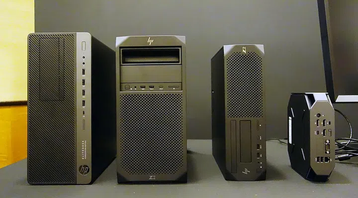 (from left: HP EliteDesk 800, HP Z2 G4, HP Z2 SFF, and HP Z2 MiniG4)