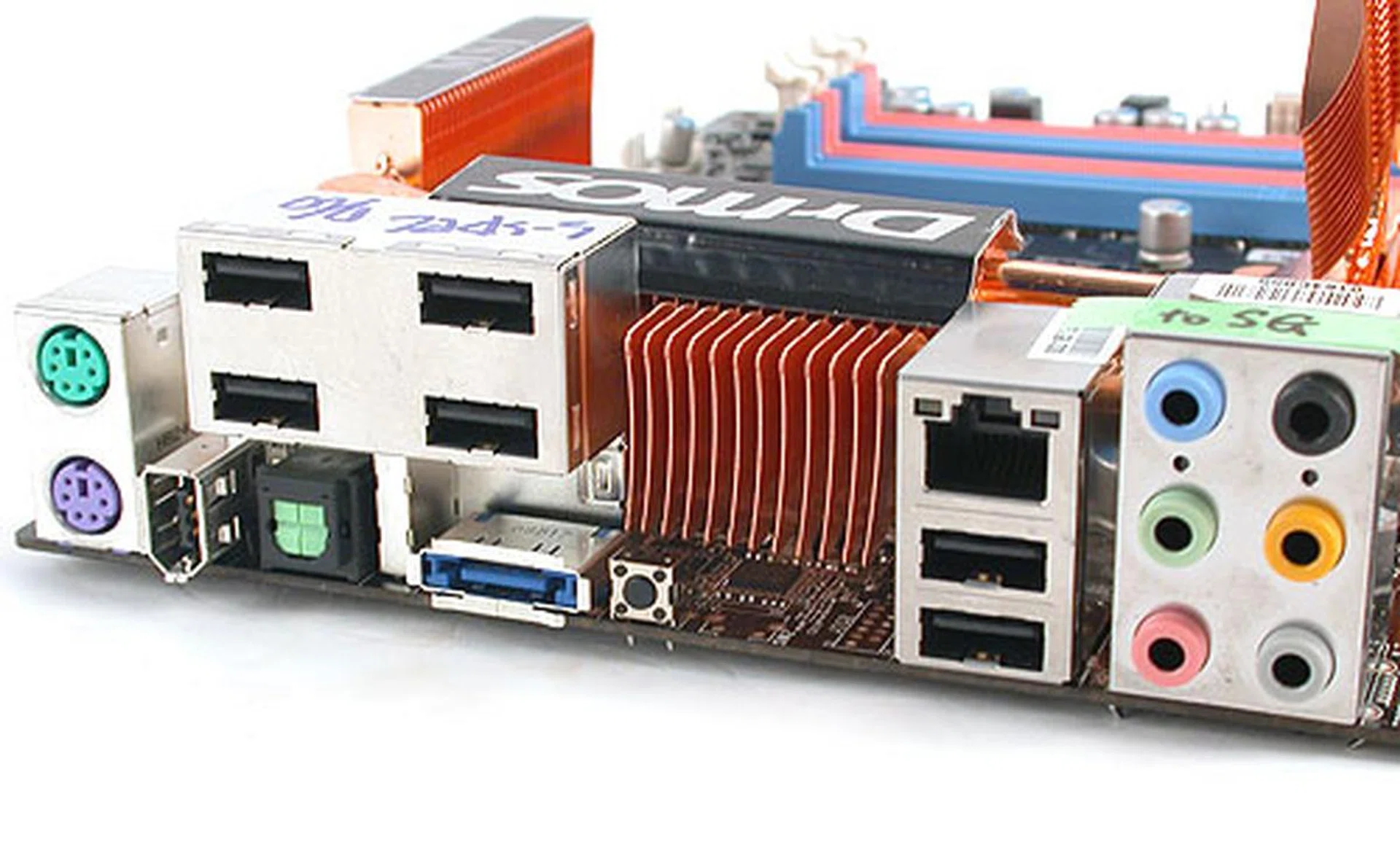 Compared to some boards, this MSI P45 board has a relatively modest rear I/O panel, with only six USB 2.0 ports and 1 Gigabit Ethernet port. Notably, there's a Clear CMOS button right besides the eSATA port (so be careful not to accidentally depress it).