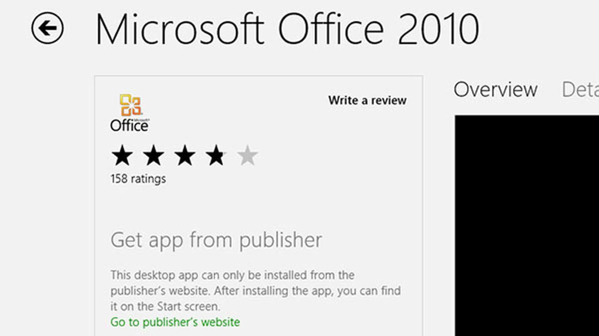 Same as a Modern-style app, overview, details, and user reviews sections of a desktop app are present - but there's no direct install or buy button. Instead, there will be a link that brings you to the publisher's website on Internet Explorer.