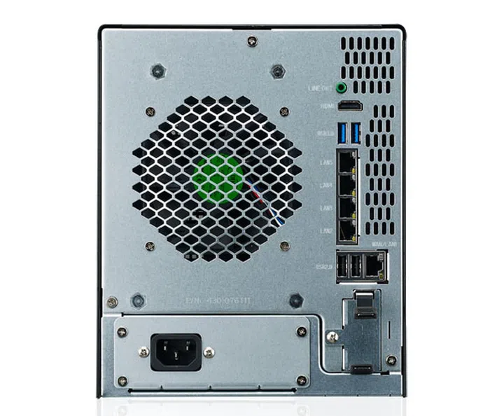 The N5810PRO features 2 USB 3.0 and 2 USB 2.0 ports, an HDMI output, 5 Gigabit LAN ports and a Line Out at its rear. (Image Source: Thecus)