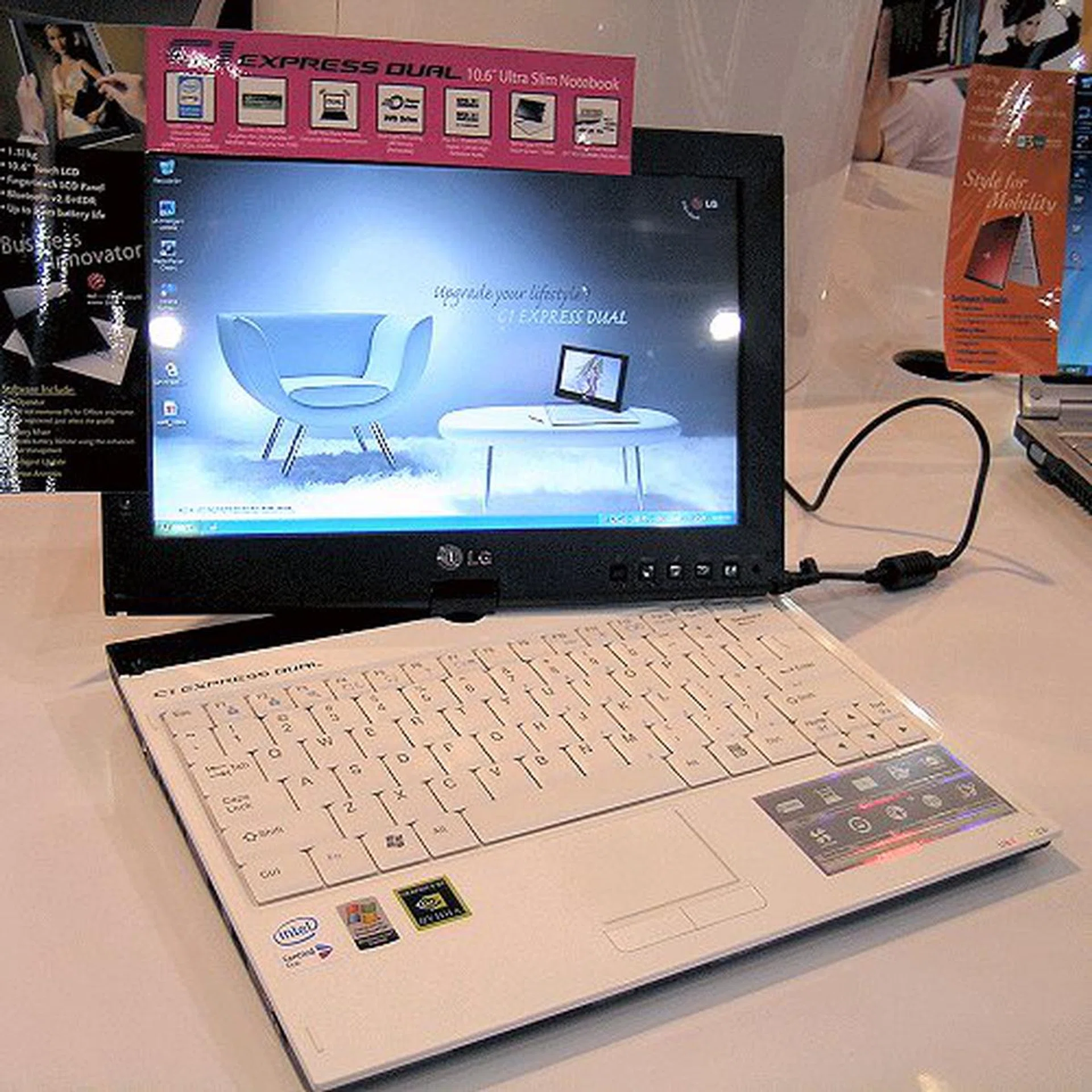 LG has been a streak churning out several sexy notebooks as of late and one of their more premium models is this glossy C1 Express Dual, which is actually a Tablet PC. Boasting a Core Duo U2500 (1.2GHz) processor with 1GB of DDR2 memory on an i945GM platform and a dedicated GeForce Go 7300 with 256MB TurboCache, this Tablet is definitely more responsive than when Tablets first appeared. As you might guess, it uses a Windows XP Tablet PC Edition 2005, supports 802.11a/b/g networks, Bluetooth, Cinema Sound and integrates a card reader. At a very handy 1.31kg, it comes with an external DVD DL writer. The Sitex offer of $3999 comes with a 6-cell battery, TV-tuner or AIO printer, wireless mouse, a carry case and a 3-year warranty. For a true notebook, the next offer below if for you.